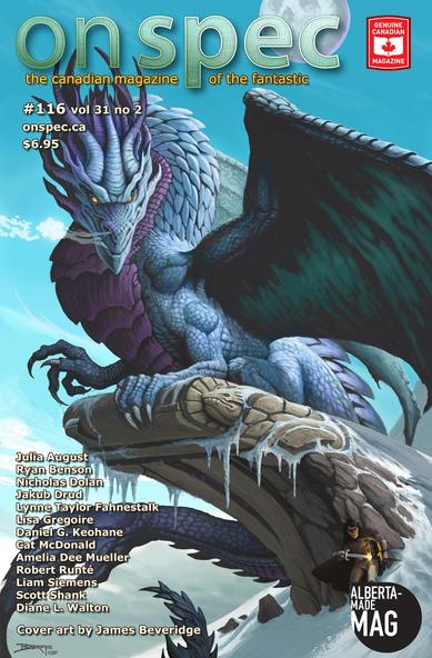 Cover art for OnSpec #116, featuring a blue dragon sitting on a frozen stone perch
