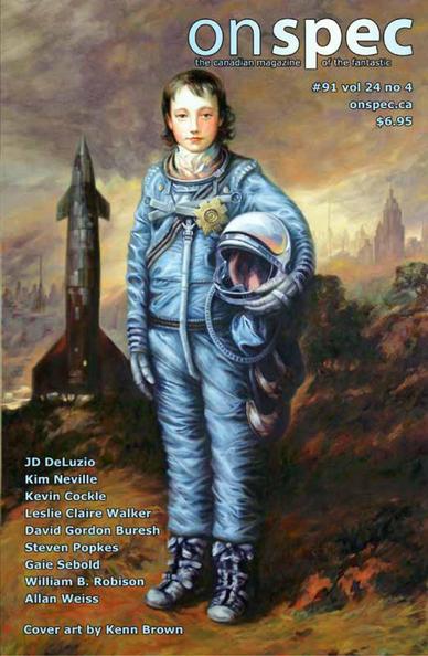 Cover art for OnSpec #91, featuring a young astronaut in front of a rocket, rendered in 19th century portrait style