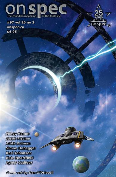 Cover art for OnSpec #97, featuring a spaceship approaching an enormous concentric space station
