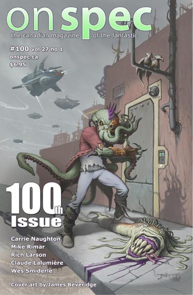 Cover art for OnSpec #100, featuring a green tentacle alien trying to break into an apartment in a floating city