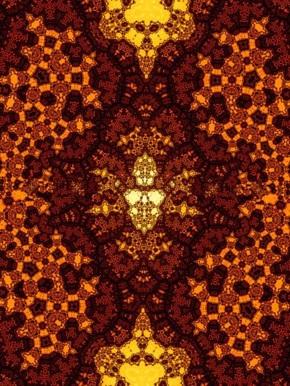 A tiled complex  fractal pattern in warm brown, orange and yellow