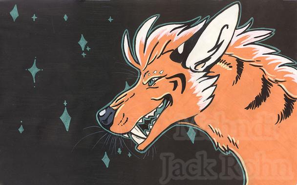 A picture of a tiger coded fluffy beast. He has a mane running down the middle of his neck and starts at his forehead. He has large fangs and long black pointed ears. He has a wide toothy grin. The background is black with green starbusts scattered about.