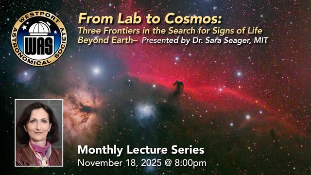Astronomical society poster for a November 18, 2025 lecture on searching for life beyond Earth by Dr. Sara Seager, featuring a cosmic nebula background.