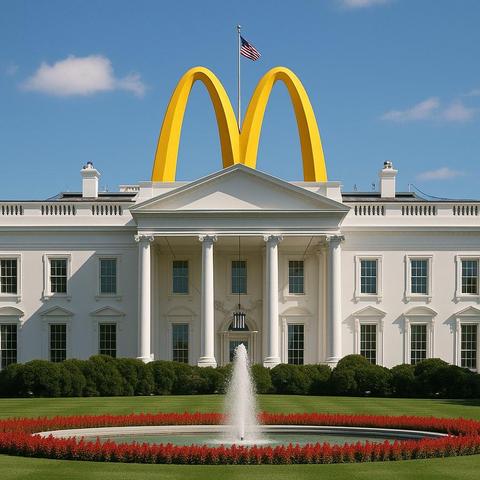English:
The image shows the historic façade of the White House, topped with artificially oversized yellow arches - the iconic logo of a global fast-food corporation. The composition functions as a visual experiment on system convergence: a state symbol of political sovereignty is overlaid by an economic symbol of private corporate power. In political science, this montage represents the structural risk of "institutional convergence," in which economic actors gain direct influence over state decision-making. On a societal level, such a power structure produces asymmetry: profits become privatized, while ecological, social, and democratic losses are collectivized. The image therefore illustrates a central question of modern democracies: who truly governs - the elected institutions or the economic interests that position themselves above them?🖖