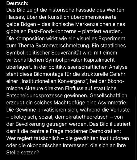 Deutsch:
Das Bild zeigt die historische Fassade des Weißen Hauses, über der künstlich überdimensionierte gelbe Bögen - das ikonische Markenzeichen eines globalen Fast-Food-Konzerns - platziert wurden.
Die Komposition wirkt wie ein visuelles Experiment zum Thema Systemverschmelzung: Ein staatliches Symbol politischer Souveränität wird mit einem wirtschaftlichen Symbol privater Kapitalmacht überlagert. In der politikwissenschaftlichen Analyse steht diese Bildmontage für die strukturelle Gefahr einer „Institutionellen Konvergenz"
", bei der okono-
mische Akteure direkten Einfluss auf staatliche Entscheidungsprozesse gewinnen. Gesellschaftlich erzeugt ein solches Machtgefüge eine Asymmetrie:
Die Gewinne privatisieren sich, während die Verluste
- ökologisch, sozial, demokratietheoretisch - von der Bevölkerung getragen werden. Das Bild illustriert damit die zentrale Frage moderner Demokratien:
Wer regiert tatsächlich - die gewählten Institutionen oder die ökonomischen Interessen, die sich an ihre Stelle setzen?🖖
