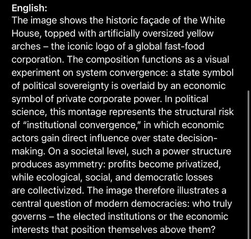 English:
The image shows the historic façade of the White House, topped with artificially oversized yellow arches - the iconic logo of a global fast-food corporation. The composition functions as a visual experiment on system convergence: a state symbol of political sovereignty is overlaid by an economic symbol of private corporate power. In political science, this montage represents the structural risk of "institutional convergence," in which economic actors gain direct influence over state decision-making. On a societal level, such a power structure produces asymmetry: profits become privatized, while ecological, social, and democratic losses are collectivized. The image therefore illustrates a central question of modern democracies: who truly governs - the elected institutions or the economic interests that position themselves above them?🖖