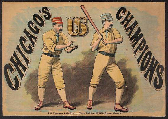 The image is a vintage lithograph poster depicting two men dressed in late 19th-century baseball uniforms, representing the Chicago White Stockings (US Champions). The players are posed with one player extending his hands outward as if to explain something and another holding a baseball bat. Both wear yellow pants, white shirts with rolled-up sleeves, red shoes or boots, striped belts, and distinctive hats - one in orange-red with a blue brim and the other in navy-blue with a wide-brimmed design. The background is adorned with large decorative lettering stating "Chicago's US Champions" on either side of them, emphasizing their status as champions from Chicago during that period.

Additional information about this image can be found at https://images.loener.nl/LocGov/full/6726/67260f1089b10e7a26f3d0b4.jpg. The poster is credited to J.S. Thompson & Co., located at 85 Fifth Avenue, Chicago, with the building mentioned as "Tires Building" in their address.

The illustration captures a historical moment and serves as an artistic representation of baseball culture from that era.