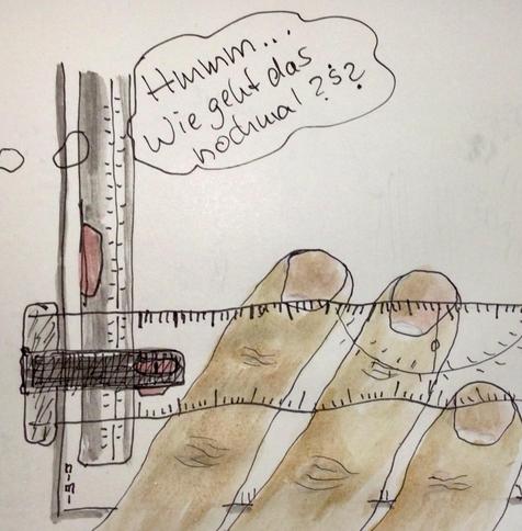 Einfache Zeichnung aquarelliert Cartoonart. Eine Ecke eines Zeichenbretts mit Scalen horizontal und vertikal. Drei Finger liegen unter, anstatt über der horizontalen, beweglichen Scala. Darüber eine Gedankenblase: Hmmm…Wie geht das nochmal?¿?