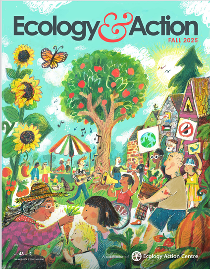Ecology & Action Magazine. Late summer in a park. People of all ages celebrating nature, food crops, peace, convservation, and more.