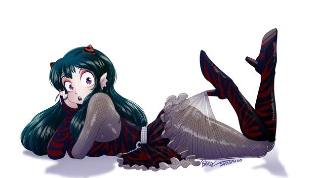 Lum reimagined as a goth girl. Here she is, laying on her stommach, resting her head on her hand, while her heel pulls on her stocking.