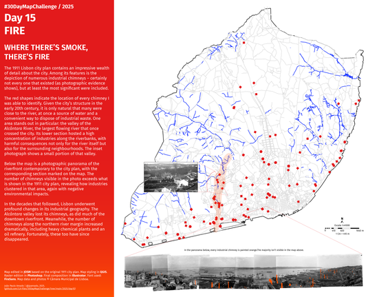 The image shows a city plan of Lisbon as it appeared around 1911. Streets and roads are drawn in light gray, and the rivers and streams are shown in blue. The map is dotted with many small red shapes, each marking the location of an industrial chimney. The lower part of the Alcântara River valley is highlighted in a very light orange. A small inset photograph depicts a view of that valley, featuring numerous smoking industrial chimneys. Below the map, a wide photographic panorama of the riverfront is displayed, taken from a hill overlooking the Tagus River. Several industrial chimneys are highlighted in orange. Most of the chimneys visible in the photograph cannot be identified on the map. A scale bar appears at the bottom right of the map. On the left side of the layout, there is a text column containing the title, description, and technical information.