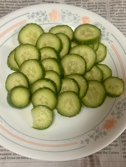 Cooled succulent, some Cucumber snack slices on a decorative plate, on a stained newspaper.
