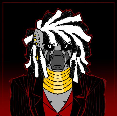 A zebra anthro demon glares forward, wearing a black and red suit and gold jewelry. If you saw the first version of this NO YOU DIDN'T #wootart