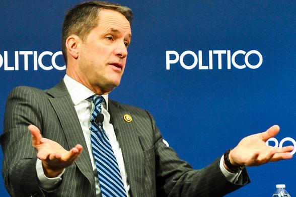 Photo of interview of Rep. Jim Himes (D-CT) before a Politico backdrop.