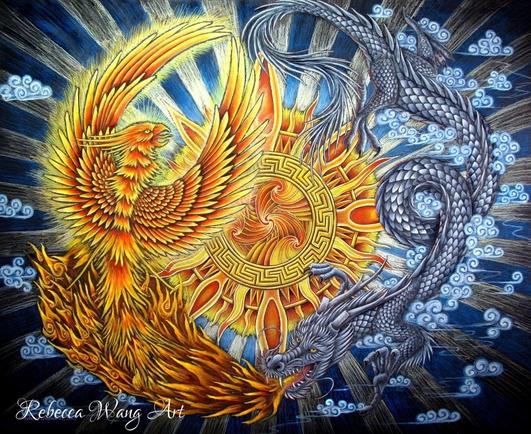 A drawing of a silver Chinese Dragon and a gold Phoenix bird flying in a yin yang configuration among the clouds and a sun mandala.