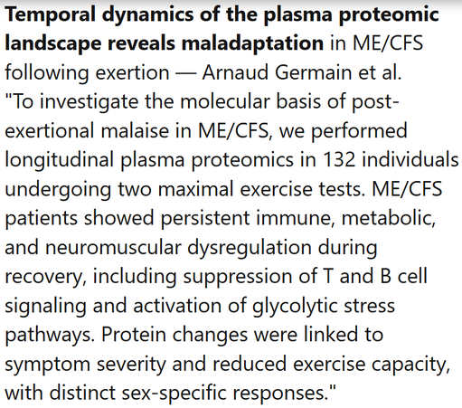 Temporal dynamics of the plasma proteomic landscape reveals maladaptation in ME/CFS following exertion — Arnaud Germain et al.
"To investigate the molecular basis of post-exertional malaise in ME/CFS, we performed longitudinal plasma proteomics in 132 individuals undergoing two maximal exercise tests. ME/CFS patients showed persistent immune, metabolic, and neuromuscular dysregulation during recovery, including suppression of T and B cell signaling and activation of glycolytic stress pathways. Protein changes were linked to symptom severity and reduced exercise capacity, with distinct sex-specific responses."