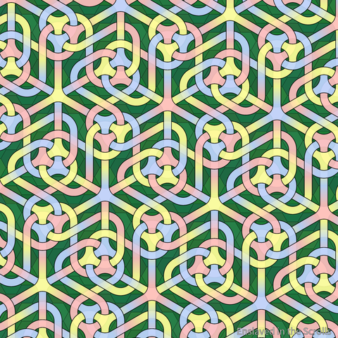 Red, yellow, and blue paths over dark green hexagons branch and join into an infinite tiling of interwoven sheets.