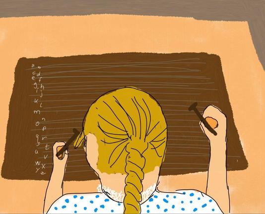 Zeichnung, digital: eine Frau mit Zopf von hinten oben, vor einem wie im Text beschriebenen Zeichenbrett.