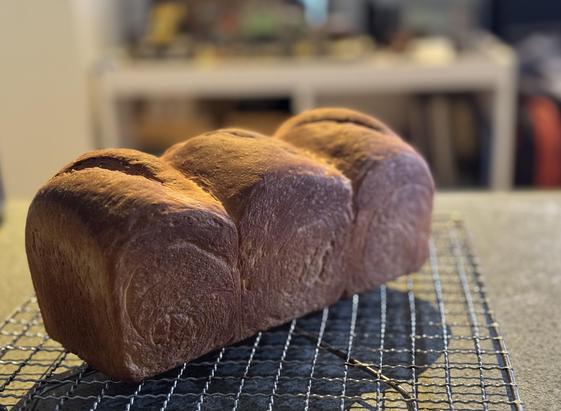 A three domed loaf on a wire cooling rack. The domes are slashed, and the spiral took effect can be seen on the side.