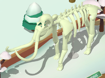 zu sehen ist eine Darstellung eines Mammuts, entnommen dem Spiel "digging-master" von Poki. Das Mammut steht als Skelett auf seinem Podest, vom Schild ist ganz unten rechts noch ein bisschen zu sehen. Rundherum sind verschneite Bäume dekoriert. Das Mammut ist die Schnittmenge zwischen dem Online-Spiel und Mastodon.