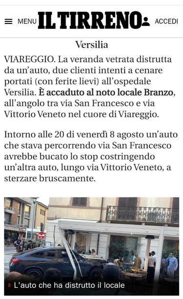 Viareggio, 'la veranda vetrata distrutta da un'auto' in pieno centro. Nessuna domanda sulla velocità dell'automobilista [*Come i giornali e i giornalisti raccontano gli scontri stradali*]