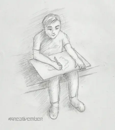 Bleistiftskizze eines jungen Menschen, der sitzend ein Brett auf den Knien balanciert. Mit der linken Hand hält er's fest, mit der rechten Hand zeichnet er. Wir sehen in von schräg oben, er wirkt konzentriert.