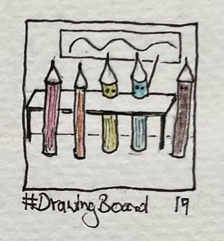 A simple drawing featuring five colorful pencils with smiling faces placed around or in a table. In the background, there's a wavy line design on the wall. The caption "#DrawingBoard 19“ is included at the bottom.
