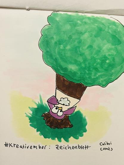 Colibri malt einen Baum auf ein Blatt Papier. Er benutzt Baumi als Zeichenbrett.