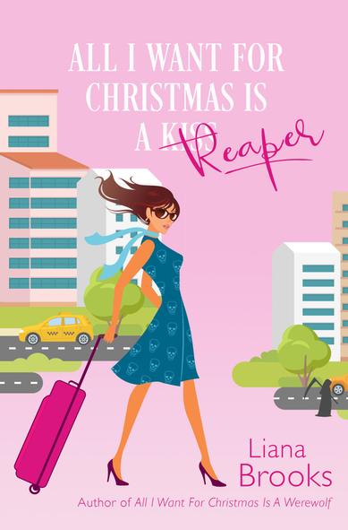 The cover art for All I Want For Christmas Is A Reaper - a cartoon of a woman in a dark blue dress with tiny white skulls on it strides through a city scene with pink luggage in tow. The background is pink and there is a tiny Grim Reaper catching a cab in the bottom right corner.