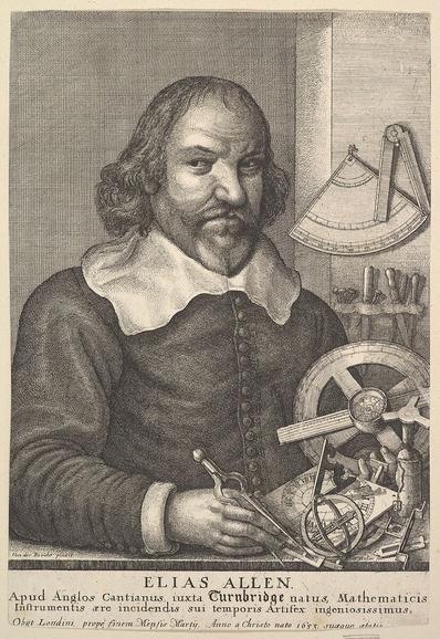 Engraved portrait of Elias Allen by Wenceslas Hollar surrounded by his tools and the instruments he made