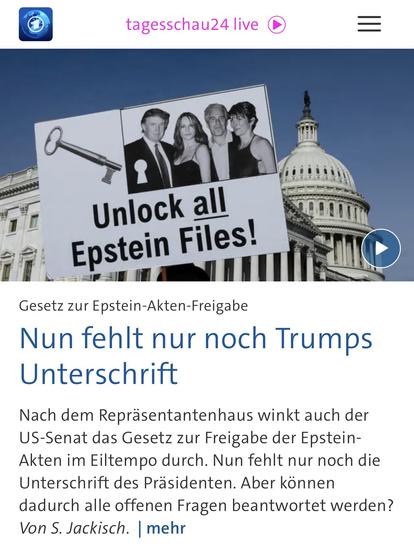 tagesschau24 live
Unlock all Epstein Files!
Gesetz zur Epstein-Akten-Freigabe
Nun fehlt nur noch Trumps
Unterschrift
Nach dem Repräsentantenhaus winkt auch der US-Senat das Gesetz zur Freigabe der Epstein-Akten im Eiltempo durch. Nun fehlt nur noch die Unterschrift des Präsidenten. Aber können dadurch alle offenen Fragen beantwortet werden?
Von S. Jackisch. mehr🖖