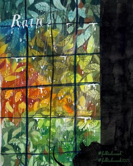 A colorful illustration depicting a rainy window with vibrant autumn leaves visible through the glass. Water droplets streak down the surface, and the word "Rain" is prominently displayed. A silhouette of a mouse is seen in the foreground, adding to the cozy atmosphere.