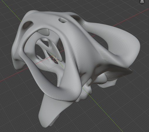 Screenshot of a 3d model of a Diictodon skull, top/back/side three-quarters view, we're looking through the temporal fenestra, and can see the insides of the eye-sockets and top of the palette bones through the hole.