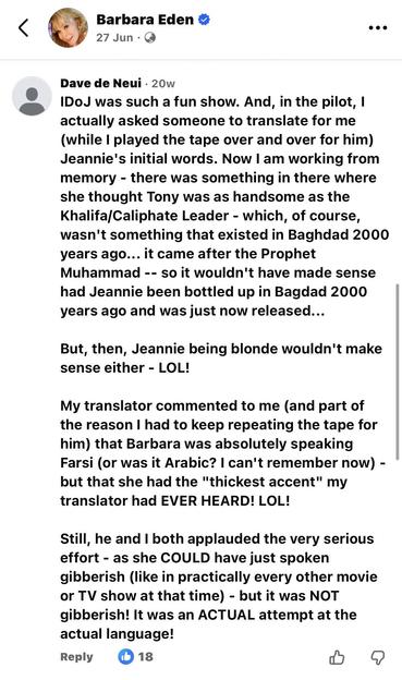 A commenter named Dave de Neui  says ‘IDoJ was such a fun show. And, in the pilot, I actually asked someone to translate for me (while I played the tape over and over for him) Jeannie's initial words. Now I am working from memory - there was something in there where she thought Tony was as handsome as the Khalifa/Caliphate Leader - which, of course, wasn't something that existed in Baghdad 2000 years ago... it came after the Prophet Muhammad -- so it wouldn't have made sense had Jeannie been bottled up in Bagdad 2000 years ago and was just now released...
But, then, Jeannie being blonde wouldn't make sense either - LOL!
My translator commented to me (and part of the reason I had to keep repeating the tape for him) that Barbara was absolutely speaking
Farsi (or was it Arabic? I can't remember now) - but that she had the "thickest accent" my translator had EVER HEARD! LOL!
Still, he and I both applauded the very serious effort - as she COULD have just spoken gibberish (like in practically every other movie or TV show at that time) - but it was NOT gibberish! It was an ACTUAL attempt at the actual language!’