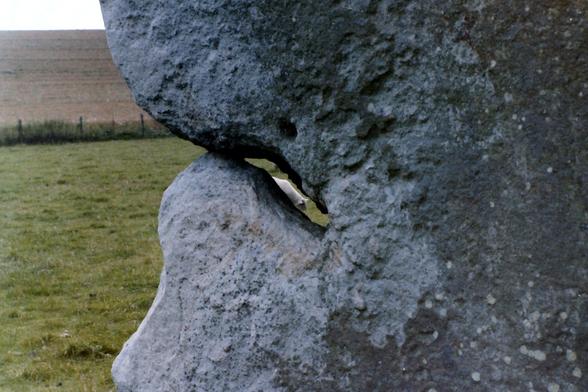 A sheep, seen through an aperture in a standing stone.