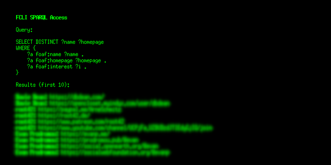 A screenshot of computer terminal output, showing a SPARQL query and a list of results. The individual results are blurred.