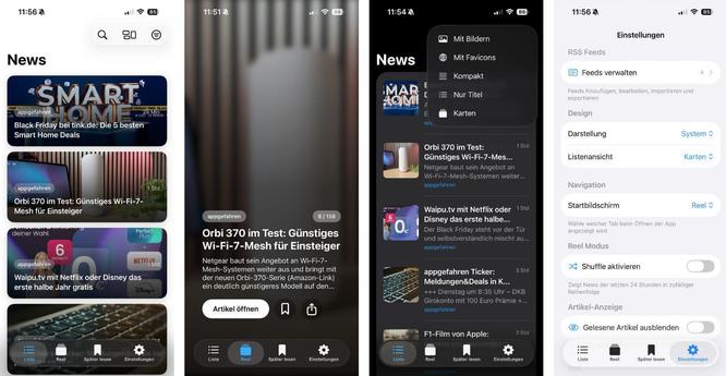 Vier iPhone-Screenshots der Reel News-App von Sebastian Bechert.