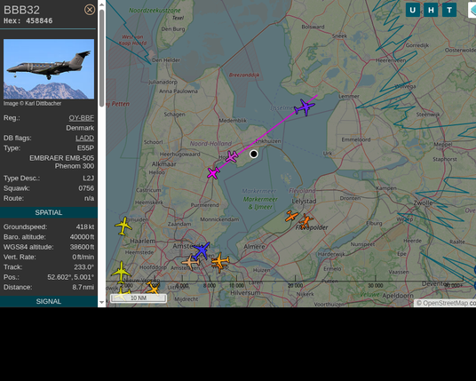 #BBB32: Blackbird Air Charter A/S (#Embraer E55P, registration: OY-BBF)
Route: No route available
Min. distance: 1.7nm away @ 40000 ft
Heading: SW @ 528.1kts
Time: 11:33:37
 #WayTheHeckUpThere #FlyingFast #adsb #Venhuizen
