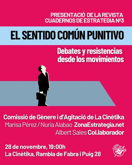 Cartell en vermell amb una persona amb maleta i tratge d'oficina que mira cap al cel