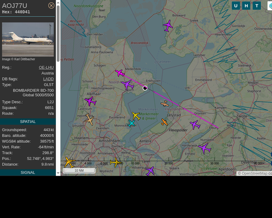 #AOJ77U: Avcon Jet AG (#Bombardier GL5T, registration: OE-LHU)
Route: No route available
Min. distance: 0.4nm away @ 40000 ft
Heading: NW @ 552.1kts
Time: 12:26:04
#WayTheHeckUpThere #FlyingFast #adsb #Venhuizen