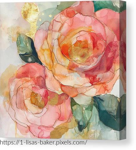 Delicate watercolor flowers bloom in shades of pink and orange, accented with shimmering gold leaf. The leaves add a touch of green contrast. Art by Lisa S Baker.