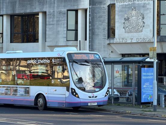 First Cymru 3A bus parked outside Swansea Guildhall on a city centre route.