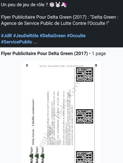 Un peu de jeu de rôle ? 🎲🐰🦄

Flyer Publicitaire Pour Delta Green (2017) : "Delta Green : Agence de Service Public de Lutte Contre l'Occulte !" 

#JdR #JeuDeRôle #DeltaGreen #Occulte #ServicePublic ... https://www.linkedin.com/posts/gabriel-chandesris_flyer-publicitaire-pour-delta-green-2017-activity-7396880594800115712-rQaO