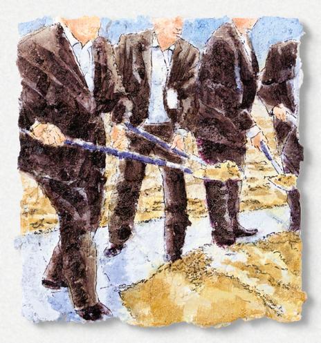 Painting on mortar by Aurel Porté depicting a groundbreaking ceremony. We can see four men digging the ground