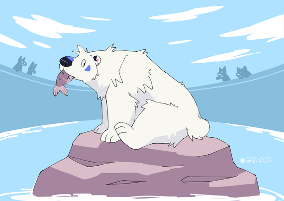 Art of Gabu as a feral polar bear, sitting on a small rock sticking out of the water in a circular zoo enclosure with a raised wall. Gabu has a fish in its mouth and is looking back a little shy or unsure. Some anthro critters are looking down from the wall excitedly. Seems like Gabu isn't really sure about its current situation and is not used to this attention...
