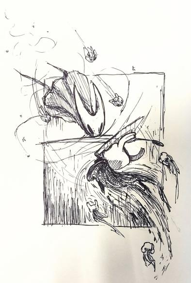 A traditional ink doodle of Hornet and the Knight fighting. Their minions can be seen floating around.