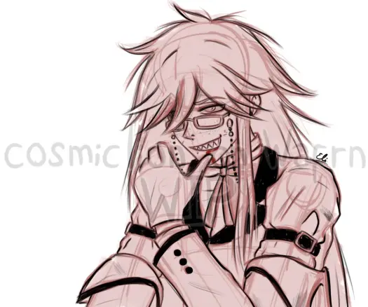 Digital messy sketch in pink, red and black tones of Grell Sutcliff from Black Butler, drawn from the chest up. Her hair is messy. She is wiping blood off her lower lip with her left hand and smiling fiercely at someone or something that is out of frame. The background is white.