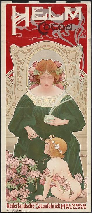 The image depicts an advertisement poster for Helm Cocoa, likely from the late 19th or early 20th century. The central figure is a woman dressed in a green dress with red hair styled into decorative tendrils and adorned with floral accessories on her head. She holds a cup of cocoa as she gently feeds it to a young child who sits beside her at floor level, nude except for small white flowers around the neck area.
The background features ornate design elements including swirls and scrollwork in shades of red, pink, green, and beige. The text "HELM" is prominently displayed at the top left corner on a red backdrop with decorative swirls flowing into it. Additional Dutch language information suggests that this cocoa product originates from Helmond Holland.
This image captures a classic depiction of family warmth and indulgence in chocolate consumption during its time period, utilizing rich colors and detailed patterns to create an appealing visual presentation for potential customers.