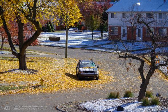 A car sits on a street covered in yellow leaves and a dusting of snow. A yellow fire hydrant is nearby. Trees with yellow and red leaves surround the street, and houses are visible in the background.