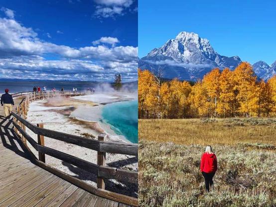 On the left: a boardwalk trail and steaming blue pool in Yellowstone.  On the right: golden foliage and a snow-dusted mountain in Grand Teton.